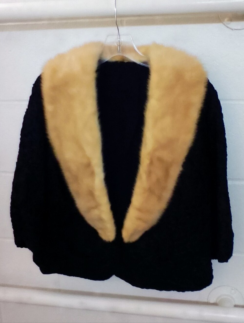 Vintage Black Women's Textured Sweater with Real Fur Trim